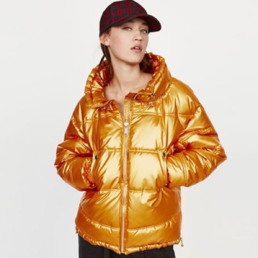 NEW Zara Gold Metallic Puffer Jacket Small